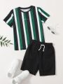 SHEIN 2pcs/Set Tween Boys' Casual Striped T-Shirt And Drawstring Waist Shorts