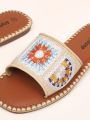 Styleloop Styleloop Spring And Summer Vacation Season Women'S Flat Exotic Style Apricot Raffia Embroidered Open Toe Flat Sandals