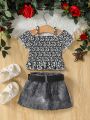 Baby Girls' Fashionable And Trendy Street Style One Shoulder Top With Denim Print Skirt For Cool Spring/Summer Look