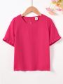 SHEIN Kids EVRYDAY Tween Girls' Woven Solid Color Loose Fit Casual Shirt With Round Neck