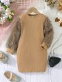 Young Girl Fuzzy Sleeve Ribbed Knit Dress