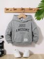 SHEIN Unisex Baby Hooded Sweatshirt With Long Sleeves And Gray English Letter Print
