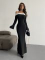 SHEIN Privé Contrast Off Shoulder Bell Sleeve Bodycon Long Black Dress With Sleeves