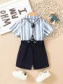 Baby Boy Striped Shirt With Suspenders And Shorts Set
