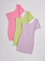 SHEIN Kids EVRYDAY Tween Girl Knitted Solid Color Single Shoulder Dress 3pcs Set