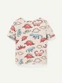Cozy Cub Baby Boy Snug Fit Pajama Set, Round Neck Dinosaur Pattern Short Sleeve Top, Solid Color Pants And Top, 4pcs/Set Homewear