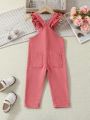 Baby Girls' Denim Overalls With Butterfly Printed Decoration And Ruffled Hem
