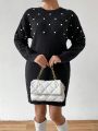 Women's Black Diamond Print Sweater Dress Decorated With Faux Pearls