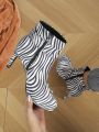 Women's Zebra Print Pu Belt Buckle Fashion Waterproof Platform Ankle Boots With Round Toe, High Heel, Side Zipper For Going Out