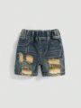 SHEIN Baby Boy Vintage Washed Elastic Waistband Ripped Baggy Denim Shorts,Baby Boy Spring And Summer Outfits