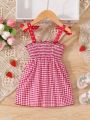 Baby Girl Casual Cute Red And White Plaid Strawberry Appliqué Towel 3d Bowknot Sleeveless Dress, Spring/Summer