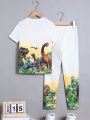 SHEIN Boys' Dinosaur Printed Casual Round Neck Short Sleeve Top And Long Knit Pants Pajama Set