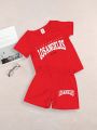 2pcs/Set Baby Boys' Casual Simple Daily Wear Letter Printed Short Sleeve T-Shirt And Shorts Outfits, Spring/Summer