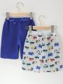 SHEIN Boys' Pure Color Two-Piece Set Of Shorts With Car And Excavator Pattern