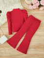 SHEIN Girl's 2pc Decorative Button Long Sleeve T-Shirt & Bell-Bottom Pants Set With Sheep Leg Sleeves And Ribbed Collar
