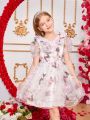 SHEIN Kids FANZEY Tween Girls' Elegant Butterfly Printed Organza Princess Dress With Puffy Skirt