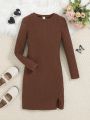 SHEIN Kids Cooltwn Girls' Solid Color Ribbed Knitted Round Neck Long Sleeve Dress