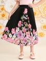 SHEIN Kids Nujoom Tween Girls' Loose Fit Cute Floral Pattern Pleated Skirt