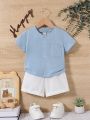 SHEIN Baby Boys' Solid Color Short Sleeve Shirt And Casual Shorts 2pcs/Set