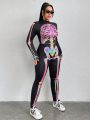 SHEIN Coolane Glow In The Dark Skull Print Top And Pants Set