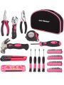 CARTMAN 52 Piece Tool Set Ladies Hand Tool Set with Easy Carrying Round Pouch - Perfect for DIY Pink