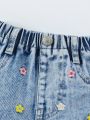 Baby Girls' Vacation Style Casual Loose Fit Colorful Flower Embroidered Elastic Waistband Denim Shorts