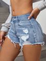 SHEIN Teenage Girls' Y2K Trendy Stonewashed Distressed Denim Jeans Shorts,Girls Spring Summer Clothes Outfits