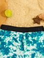 SHEIN Tween Boys' Casual Tie-Dye Printed Pattern Tight Knitted Swimming Trunks
