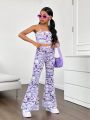 SHEIN Kids Cooltwn Tween Girls' Full Printed Crop Top & Flared Pants Set For Fashionable Sporty Look