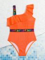 Tween Girls One-Piece Bathing Suit With Ruffled Edges, Decorative Letters And Woven Tape