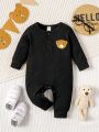 Infant And Child Casual Ribbed Knitted Cute Bear Embroidered Pattern Jumpsuit Spring, Autumn And Winter Jumpsuit