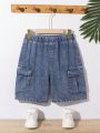 SHEIN Tween Boys' Fashionable Casual Washed Denim Shorts With Tool Pockets
