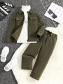 SHEIN Kids KDOMO Boys' Casual Cute Sports Style Flip Pocket Jacket And Pants Set For Street Wear