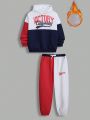 SHEIN Kids Cooltwn Tween Boys' Casual Letter Print Patchwork Hoodie And Pants Set With Fleece Lining