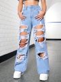 SHEIN Teen Girls' Y2K Spring Summer Boho Beach Washed Distressed Ripped Baggy Boyfriend Wide Leg Denim Jeans,Girls Summer Clothes Concert Outfits