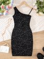 SHEIN Kids FANZEY Girls' One Shoulder Sparkly Slim Fit Dress For Parties And Gatherings