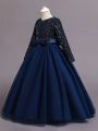 Little Girls' Long Sleeve Vintage Elegant Dress With Sequin & Mesh Patchwork And Big Swing Hem