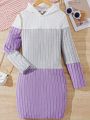 SHEIN Kids EVRYDAY Girls' Casual Color-Block Knitted Sweater Dress