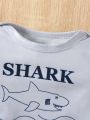 Baby Boys' New Year Letter & Shark Printed Long Sleeve Romper, Pants, Bib, Socks Set