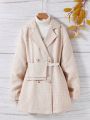 SHEIN Kids EVRYDAY Big Girl's Lapel Double-breasted Coat With Belt Bag