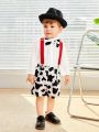 SHEIN 2pcs Baby Boys' Casual Cute Cow Pattern Printed Suspender Pants Set, Includes Bowtie, Suitable For Parties And Outings