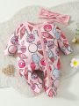 SHEIN Baby Girl Pink Cute Food Donut And Ice Cream Print Romper Jumpsuit Pajama Set