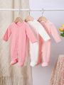 SHEIN Baby Girl's Knitted Set Including Cardigan, Long Sleeve Bodysuit And Footed Pants In Multiple Colors For Home Wear, Pink/White/Solid