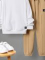 SHEIN Tween Boys' Casual Loose Fit Fleece Sweatshirt With Applique Detailing And Solid Color Pants Set