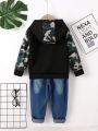 Toddler Boys' Comfortable Casual Camo Hoodie And Distressed Jeans Set
