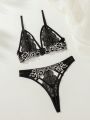 SHEIN Ladies' Sexy Hollow Out Lace Patchwork Lingerie Set