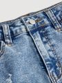 SHEIN Tween Girls' Distressed Skinny Denim Shorts With Slanted Pockets