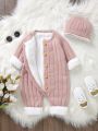 SHEIN Baby Boy Button Front Thermal Lined Knit Jumpsuit & Hat