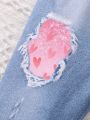 SHEIN Kids KDOMO Young Girl Heart & Slogan Graphic Ripped Denim Effect Print Pants