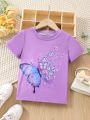 SHEIN Kids EVRYDAY Young Girl Butterfly Printed Round Neck Short Sleeve T-Shirt
